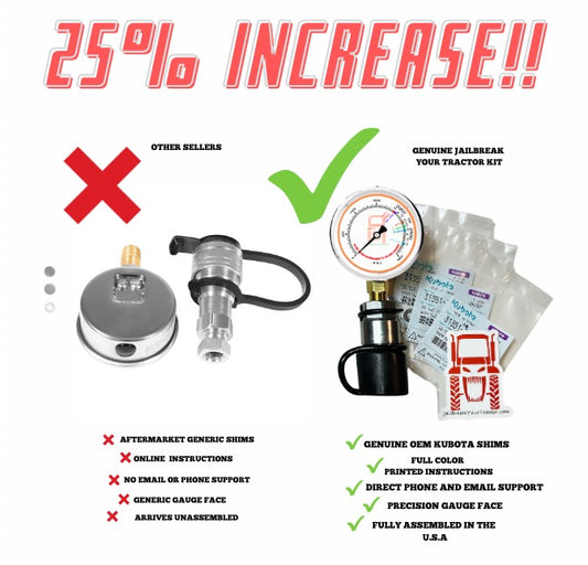 KUBOTA Pressure Increase kit W/Gauge Hydraulic Shims BX, LX +25%! FLAT FACE 2017 & UP