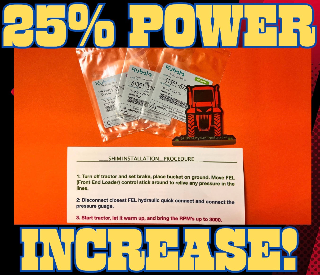 Kubota Increase Hydraulic Pressure Adjustment Shims for Kubota BX B L MX +25% Power