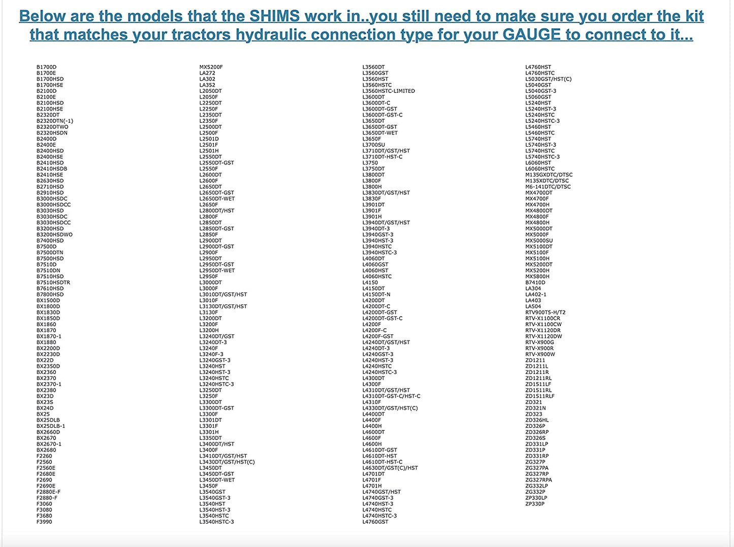 Deluxe KUBOTA L and MX Series 25% Pressure Increase kit W/ 3500 P.S.I Gauge 4 Hydraulic Shims
